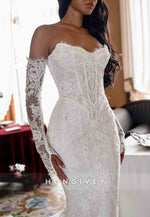Mermaid Chapel Train Off the Shoulder Long Sleeves Lace Wedding Dresses with Pearls