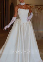 Simple Strapless Satin Chapel Train Princess Wedding Dresses