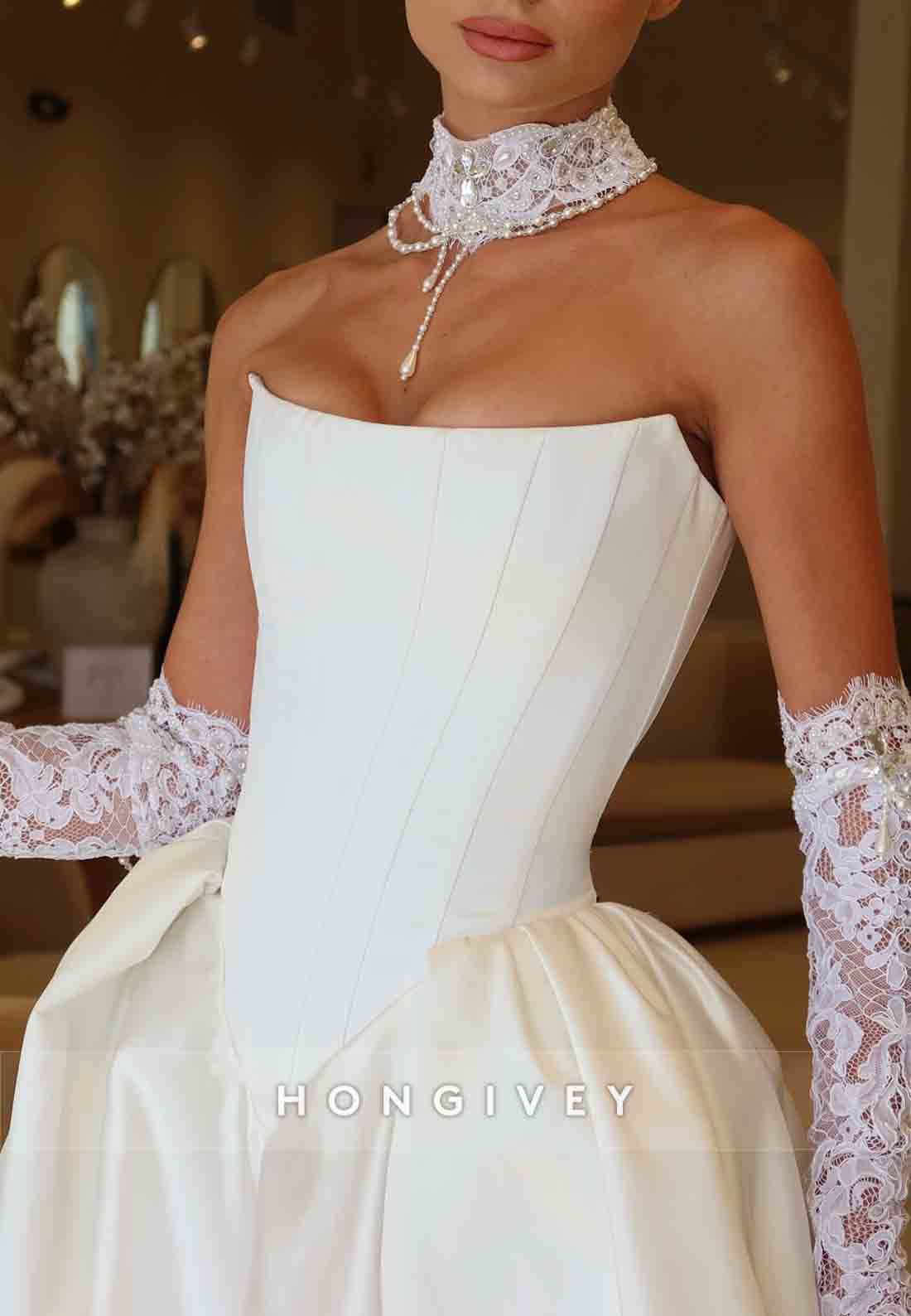 Simple Strapless Satin Chapel Train Princess Wedding Dresses