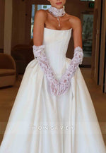 Simple Strapless Satin Chapel Train Princess Wedding Dresses