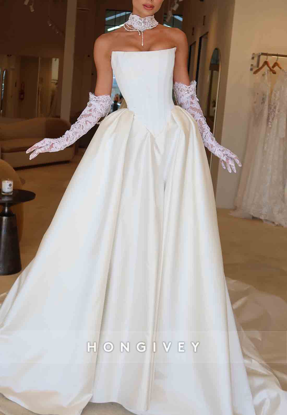 Simple Strapless Satin Chapel Train Princess Wedding Dresses