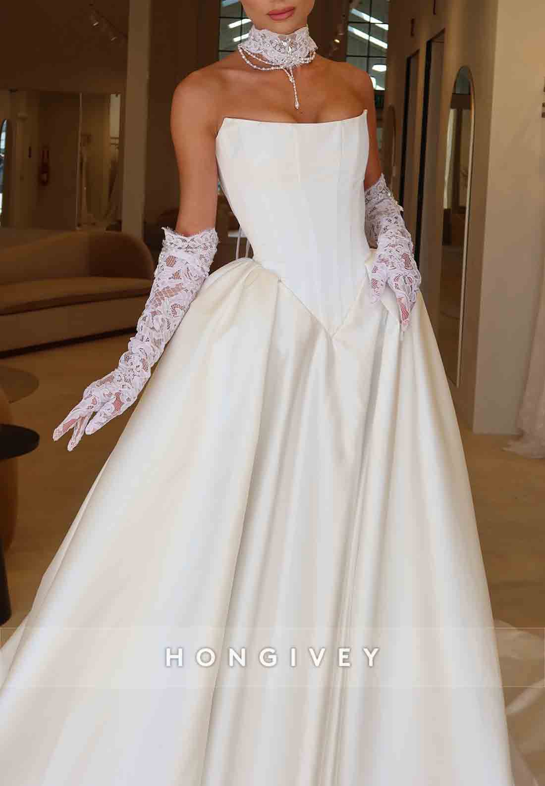 Simple Strapless Satin Chapel Train Princess Wedding Dresses