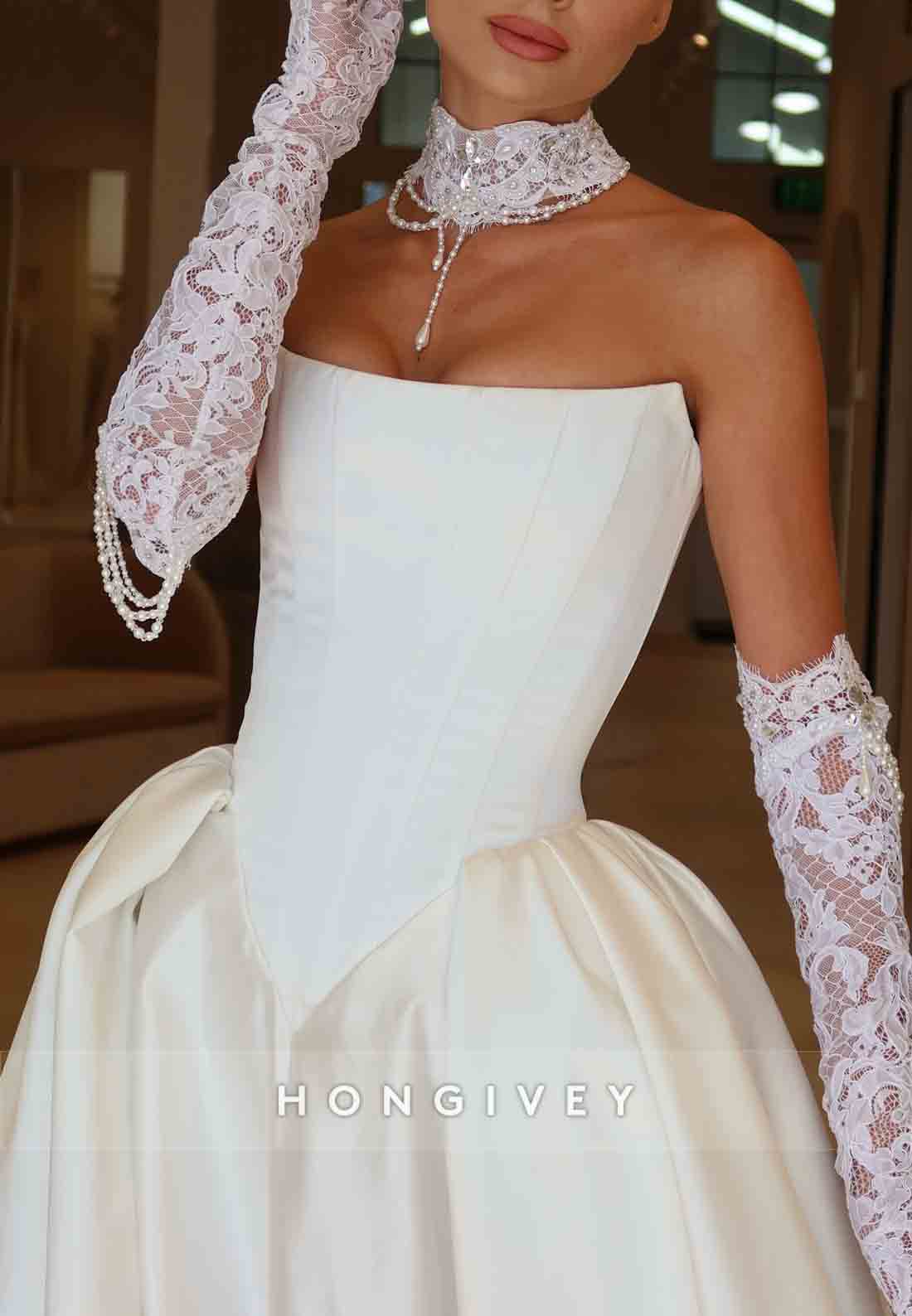 Simple Strapless Satin Chapel Train Princess Wedding Dresses