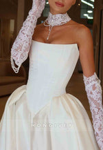 Simple Strapless Satin Chapel Train Princess Wedding Dresses