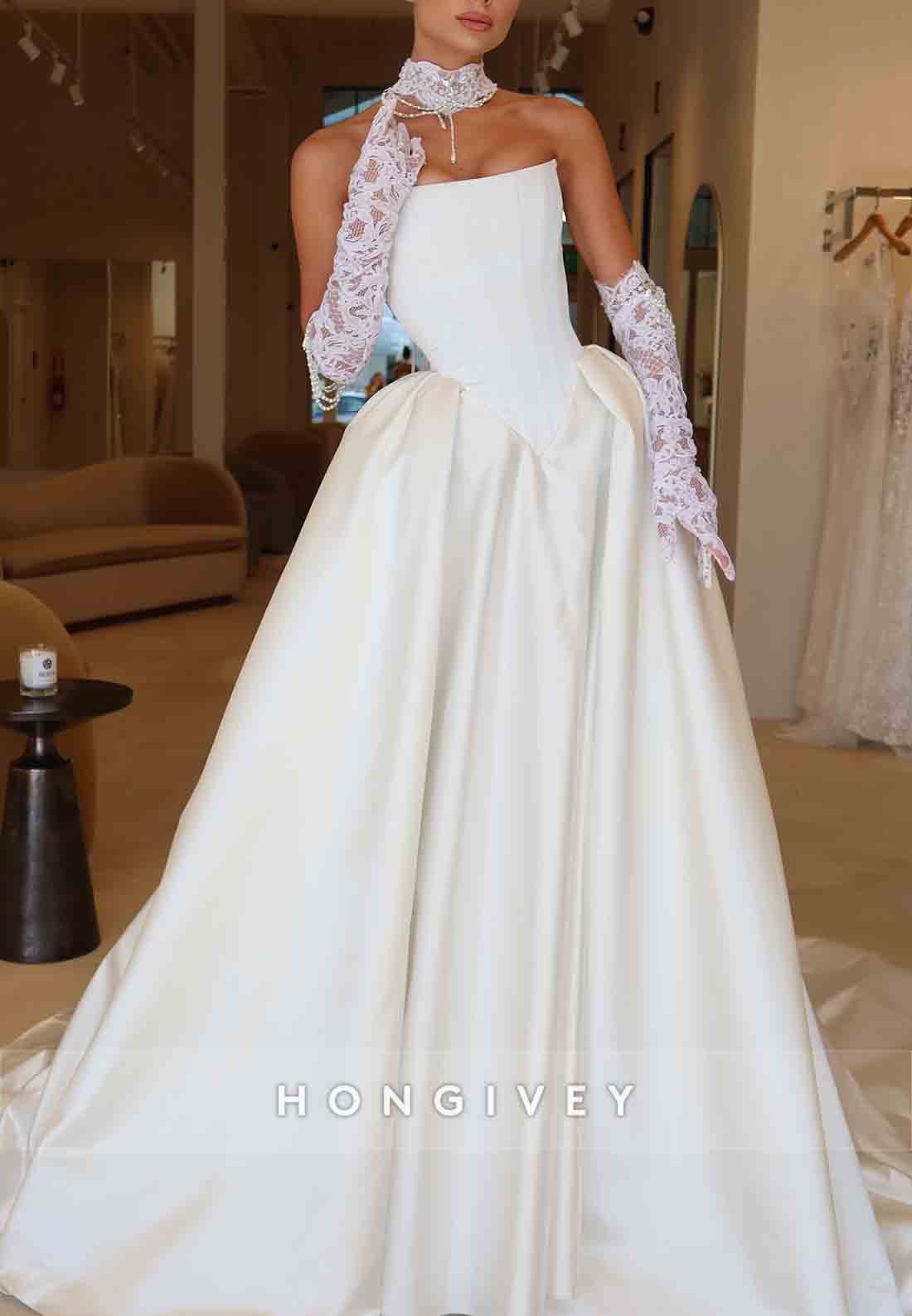 Simple Strapless Satin Chapel Train Princess Wedding Dresses