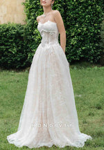 Tulle Strapless Lace Floor-Length A-Line Wedding Dresses with Butterfly
