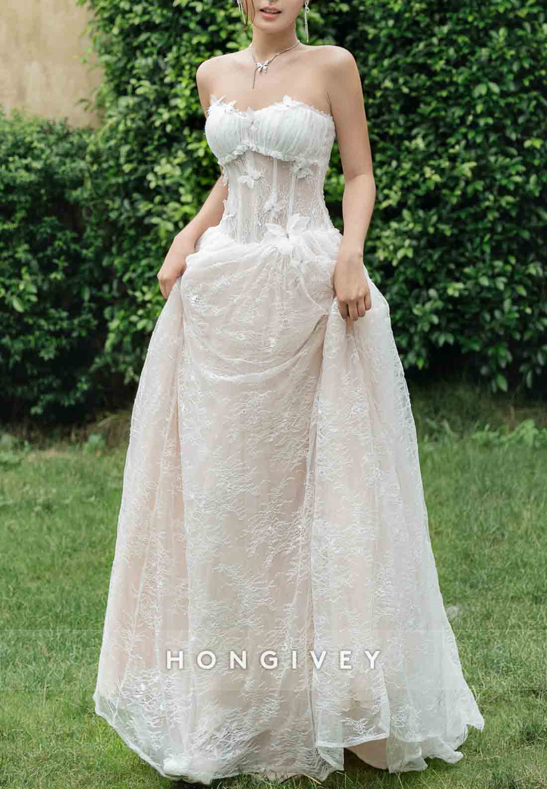 Tulle Strapless Lace Floor-Length A-Line Wedding Dresses with Butterfly
