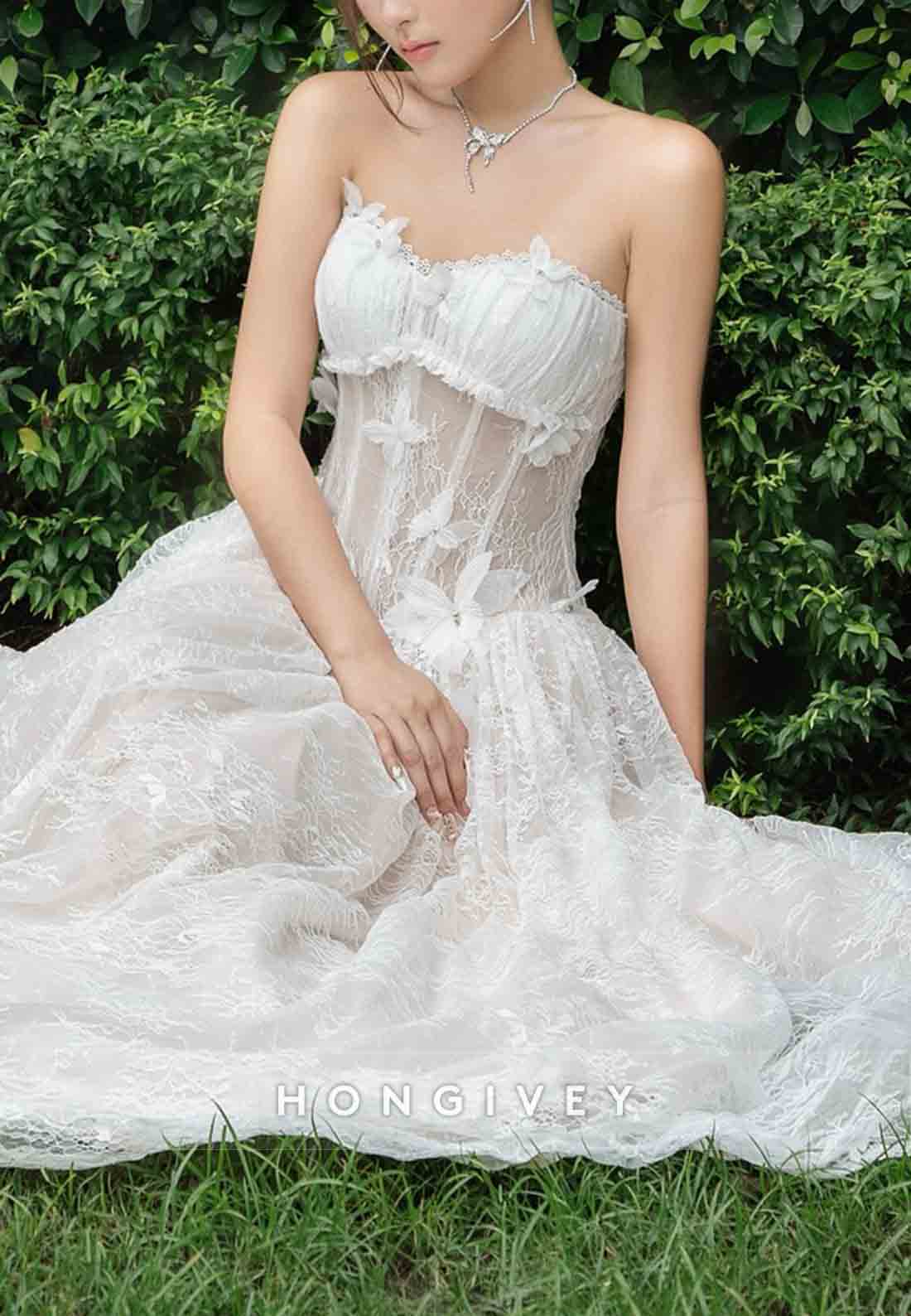 Tulle Strapless Lace Floor-Length A-Line Wedding Dresses with Butterfly