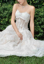 Tulle Strapless Lace Floor-Length A-Line Wedding Dresses with Butterfly