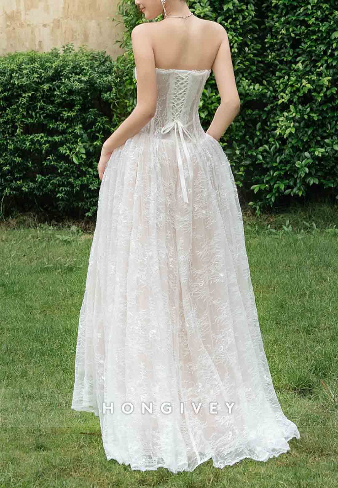 Tulle Strapless Lace Floor-Length A-Line Wedding Dresses with Butterfly