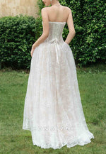 Tulle Strapless Lace Floor-Length A-Line Wedding Dresses with Butterfly
