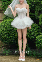 Sweetheart Ball Gown Strapless Lace Mini Ruched Wedding Dresses with Appliques