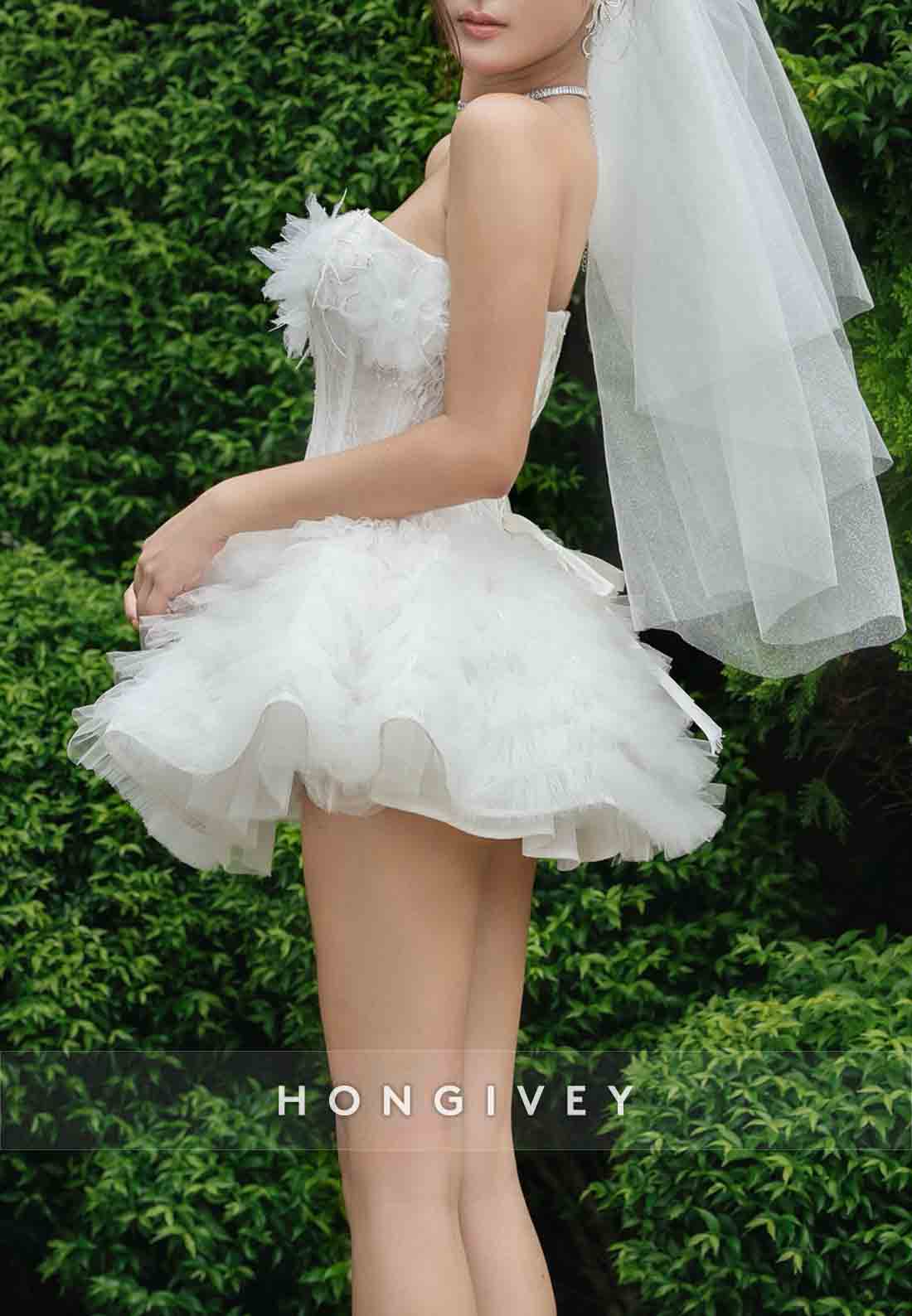 Sweetheart Ball Gown Strapless Lace Mini Ruched Wedding Dresses with Appliques