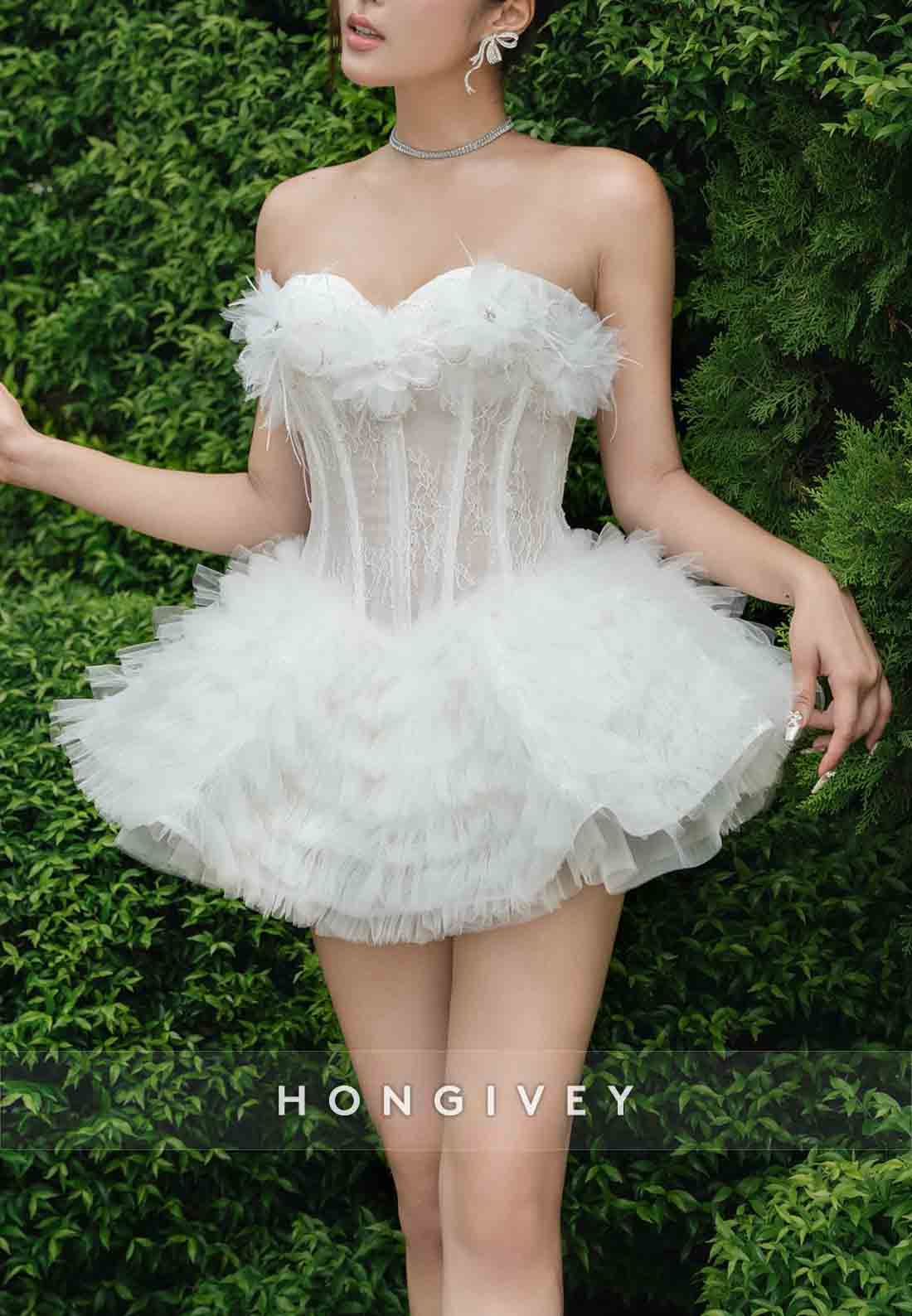 Sweetheart Ball Gown Strapless Lace Mini Ruched Wedding Dresses with Appliques