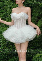 Sweetheart Ball Gown Strapless Lace Mini Ruched Wedding Dresses with Appliques