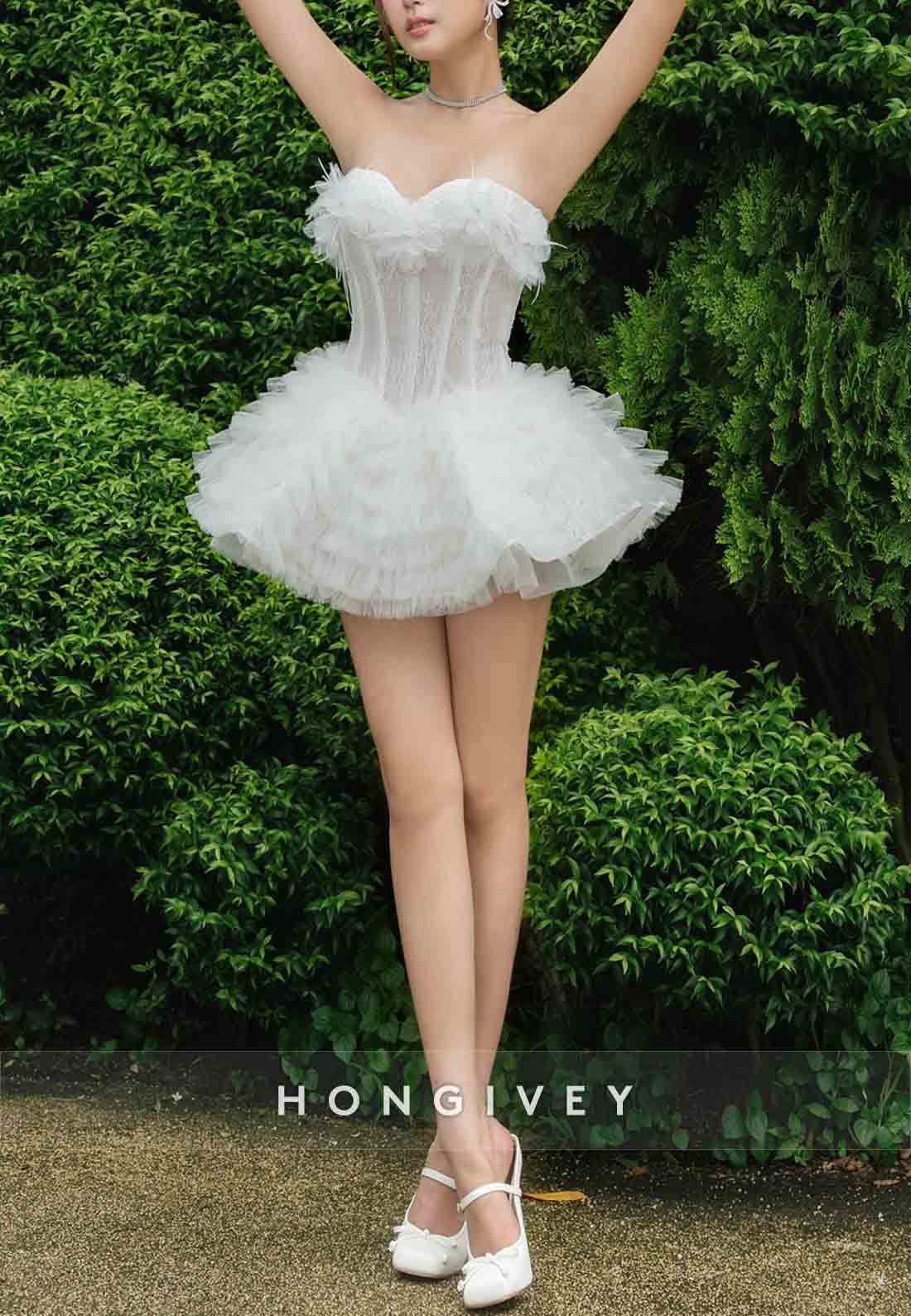 Sweetheart Ball Gown Strapless Lace Mini Ruched Wedding Dresses with Appliques