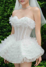 Sweetheart Ball Gown Strapless Lace Mini Ruched Wedding Dresses with Appliques