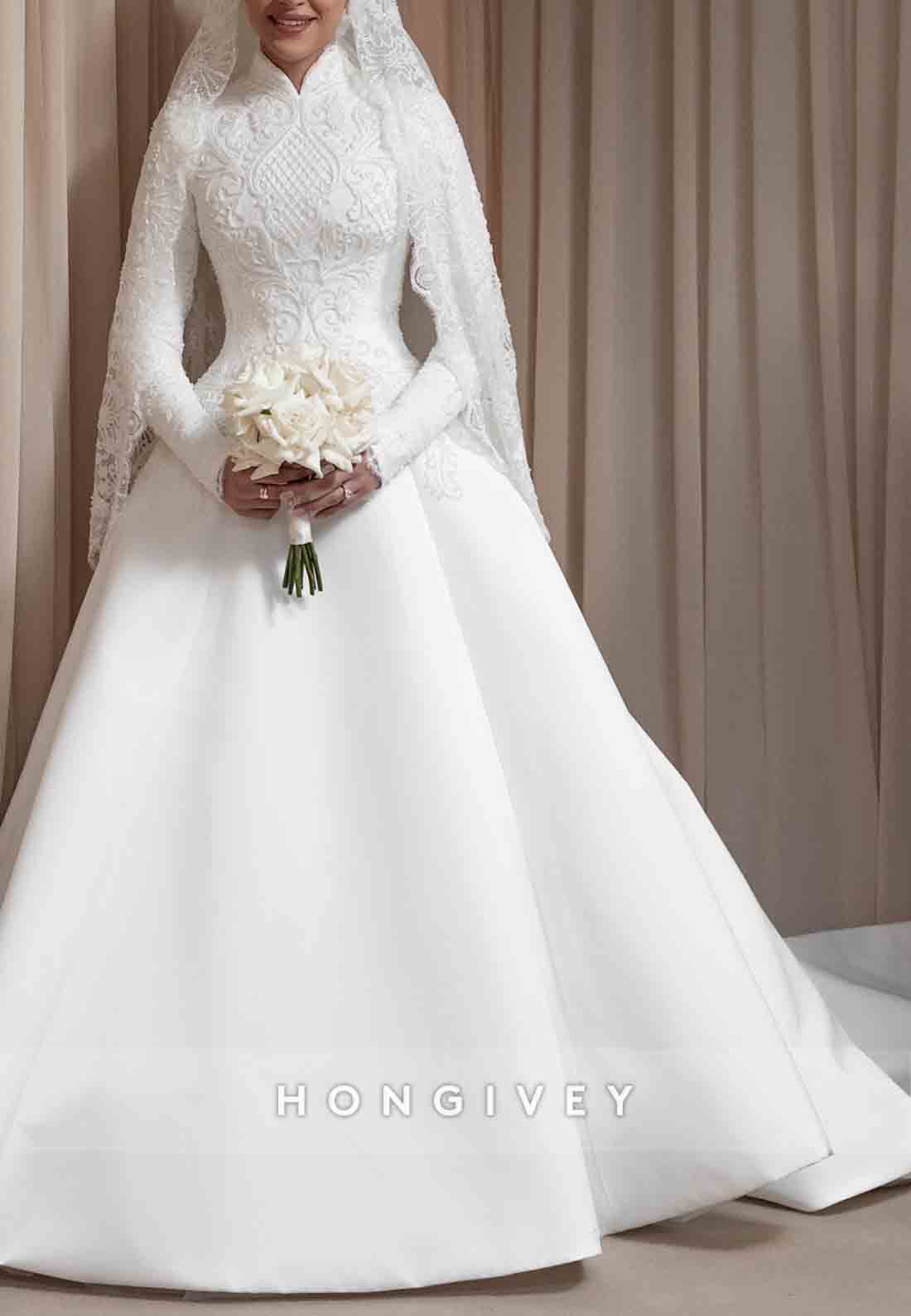 High Neck A-Line Long Sleeves Lace Chapel Train Wedding Dresses with Beading