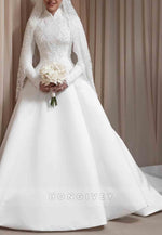 High Neck A-Line Long Sleeves Lace Chapel Train Wedding Dresses with Beading