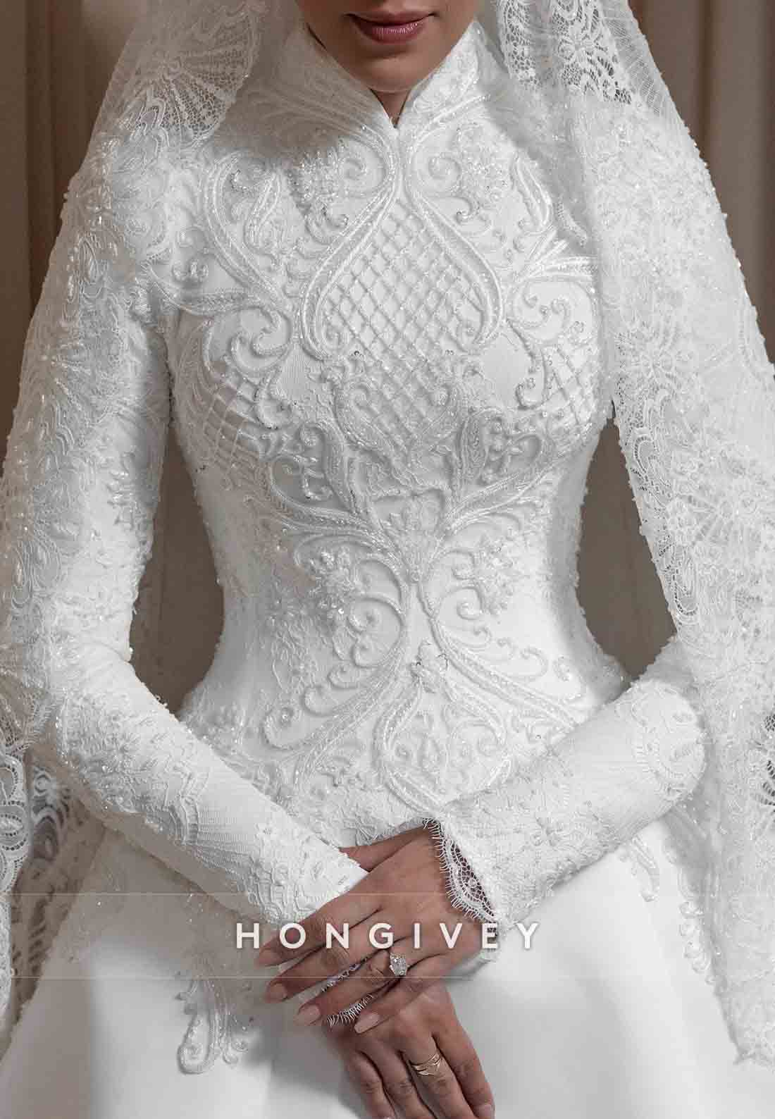 High Neck A-Line Long Sleeves Lace Chapel Train Wedding Dresses with Beading