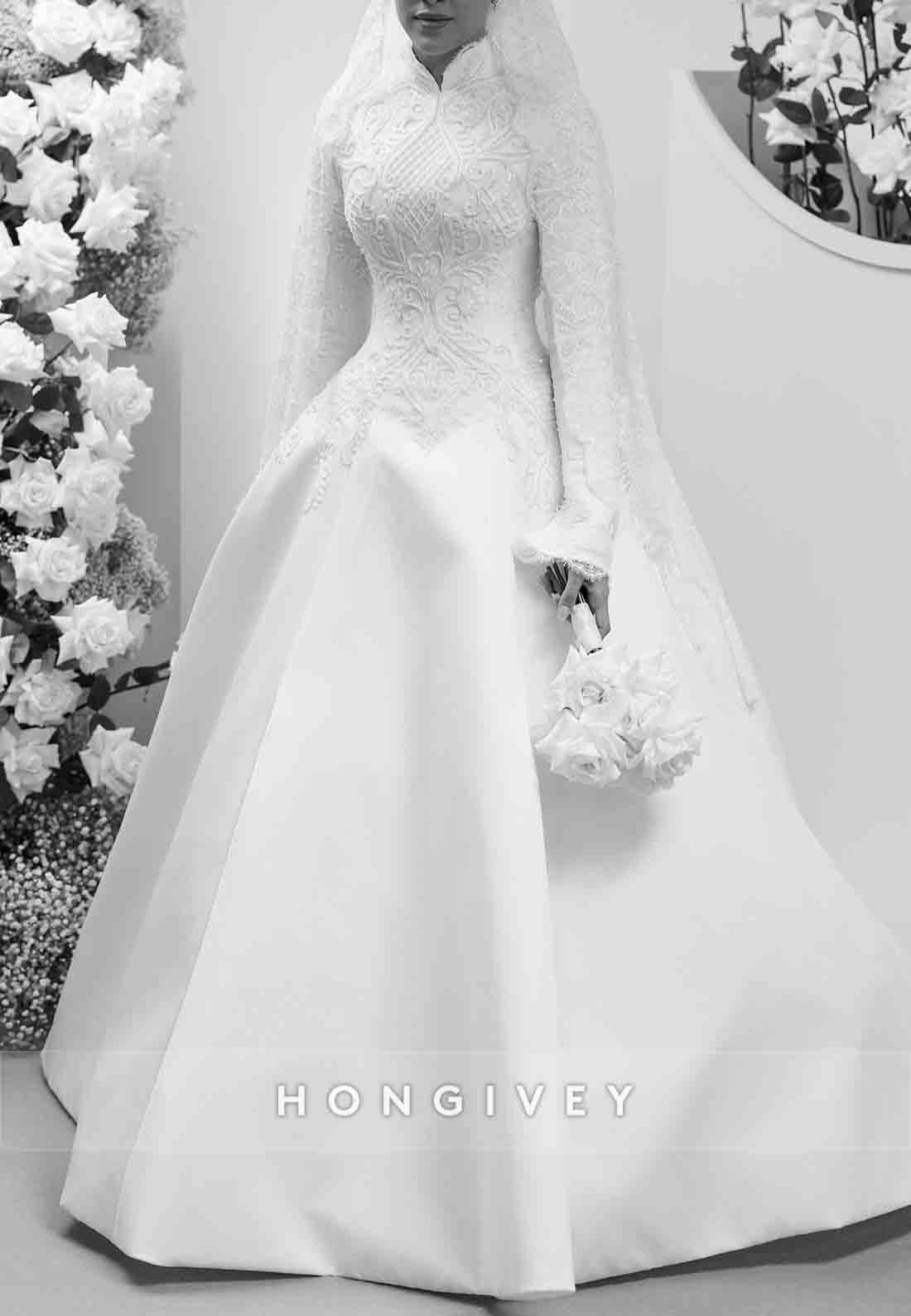 High Neck A-Line Long Sleeves Lace Chapel Train Wedding Dresses with Beading