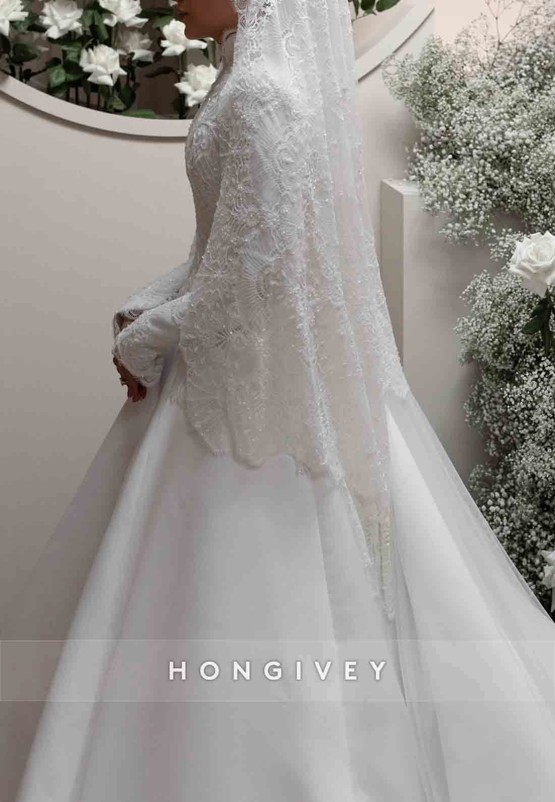 High Neck A-Line Long Sleeves Lace Chapel Train Wedding Dresses with Beading