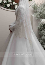 High Neck A-Line Long Sleeves Lace Chapel Train Wedding Dresses with Beading