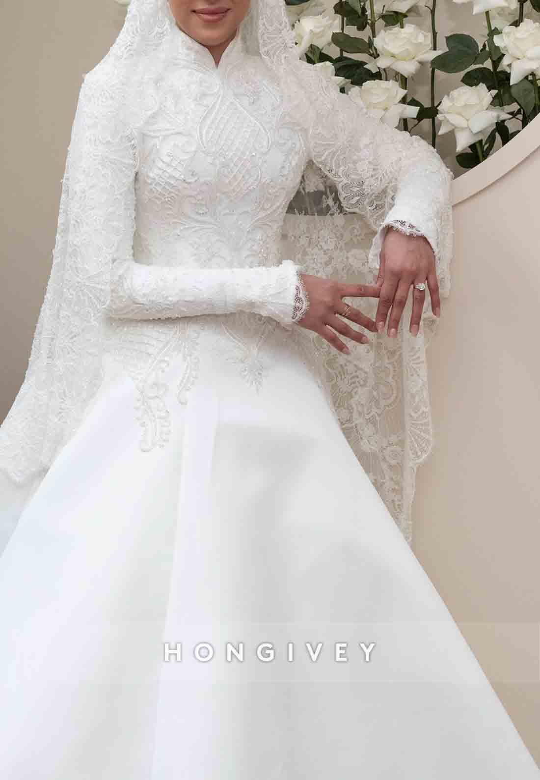 High Neck A-Line Long Sleeves Lace Chapel Train Wedding Dresses with Beading