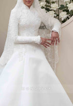 High Neck A-Line Long Sleeves Lace Chapel Train Wedding Dresses with Beading