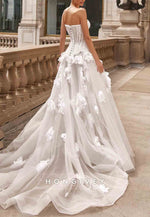 Strapless A-Line Tulle Empire Lace Corset Wedding Dresses with 3D Flowers