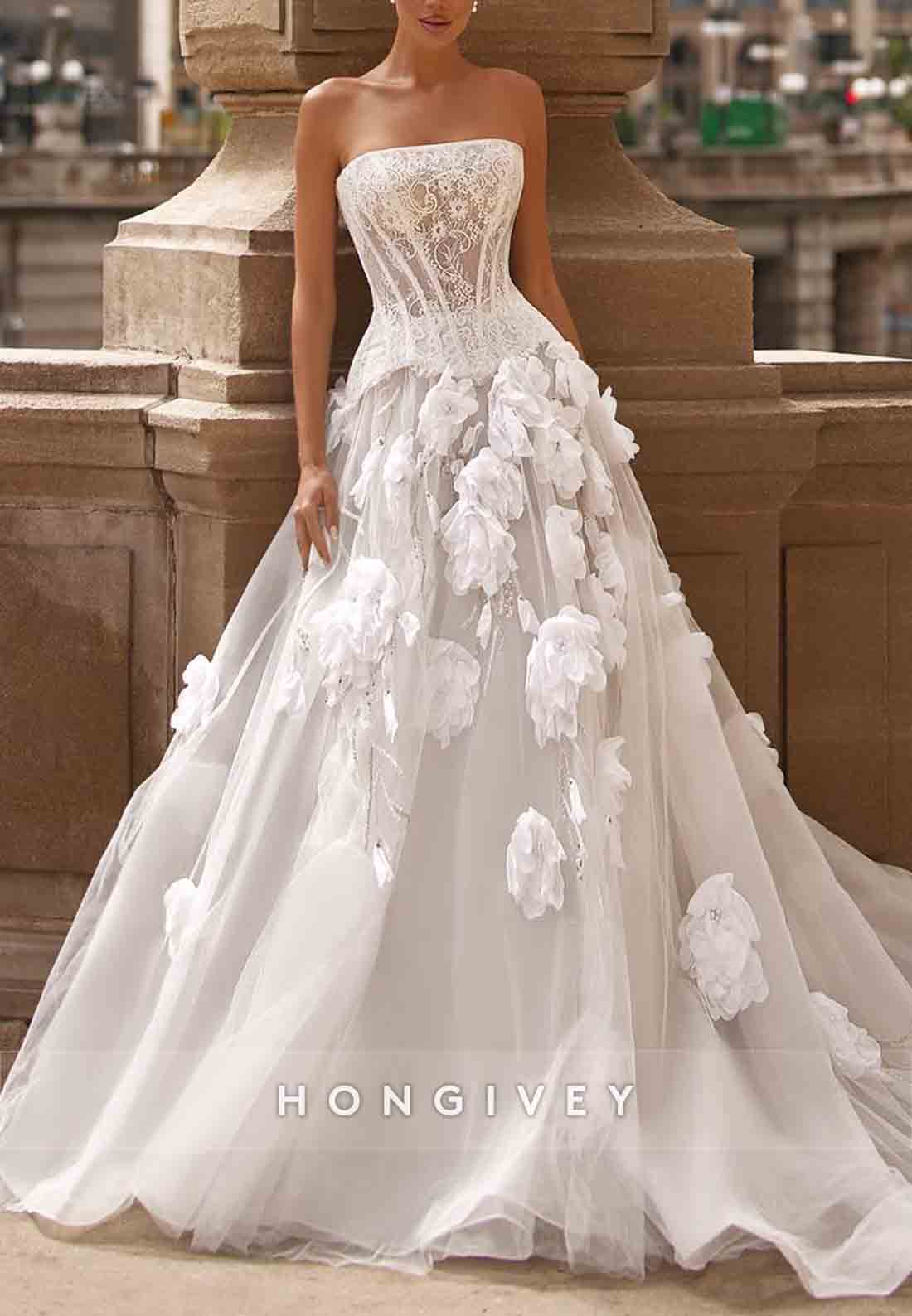 Strapless A-Line Tulle Empire Lace Corset Wedding Dresses with 3D Flowers