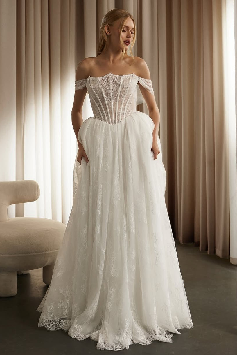 Sheer Off the Shoulder Sleeveless A-Line Floor-Length Wedding Dress