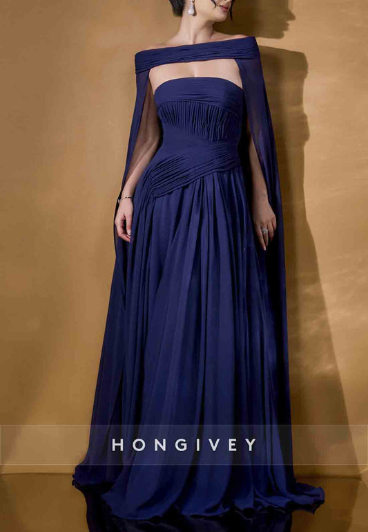 Cloak Tie Back A-Line Ruched Bateau Neck Floor-Length Pleated Low Back Evening Gowns