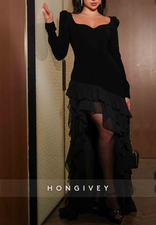 Long Sleeves Pleated Low Back Asymmetrical Floor-Length Evening Gowns