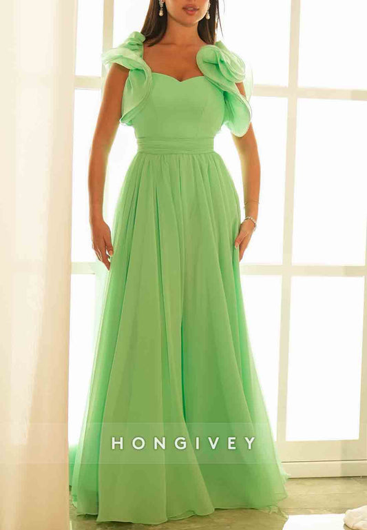 Crisscross Back Floor-Length A-Line Pleated Shoulder Flower Wedding Guest Dress