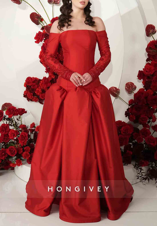 Off the Shoulder Long Sleeves Pleated Floor-Length Princess Evening Gowns