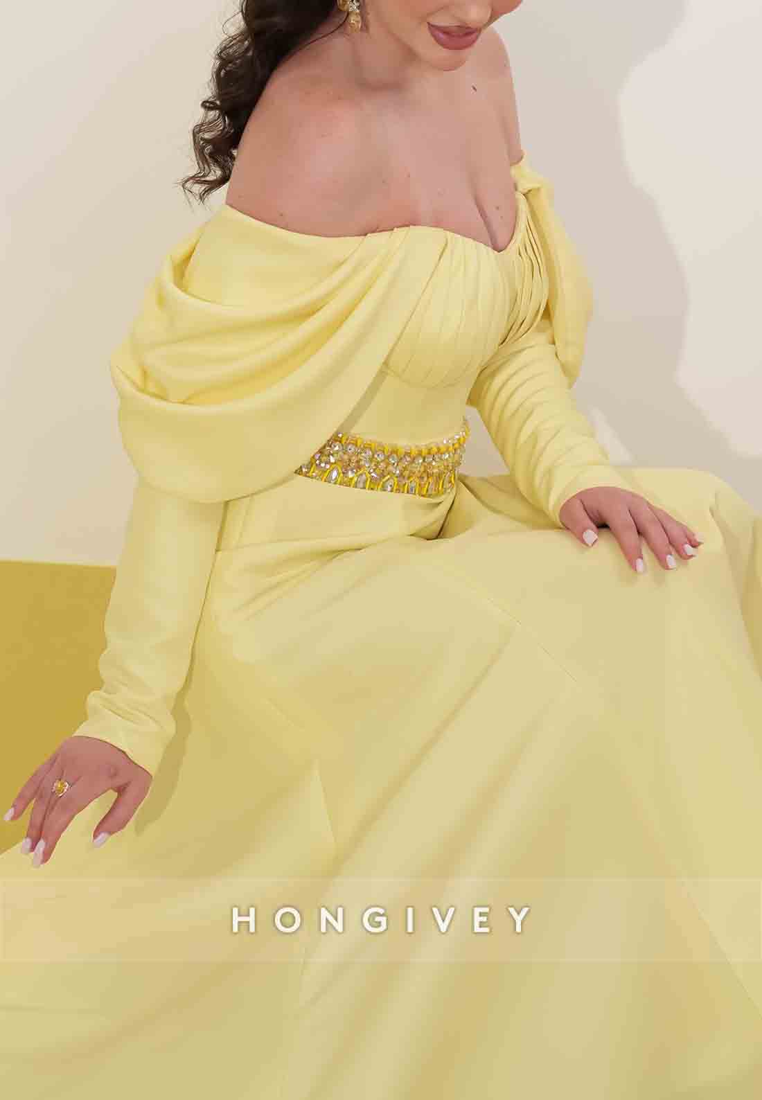 Off the Shoulder Shawl A-Line Pleated Floor-Length Long Sleeves Evening Gowns