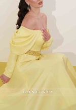 Off the Shoulder Shawl A-Line Pleated Floor-Length Long Sleeves Evening Gowns