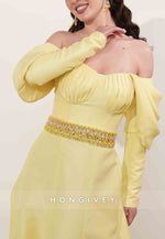 Off the Shoulder Shawl A-Line Pleated Floor-Length Long Sleeves Evening Gowns