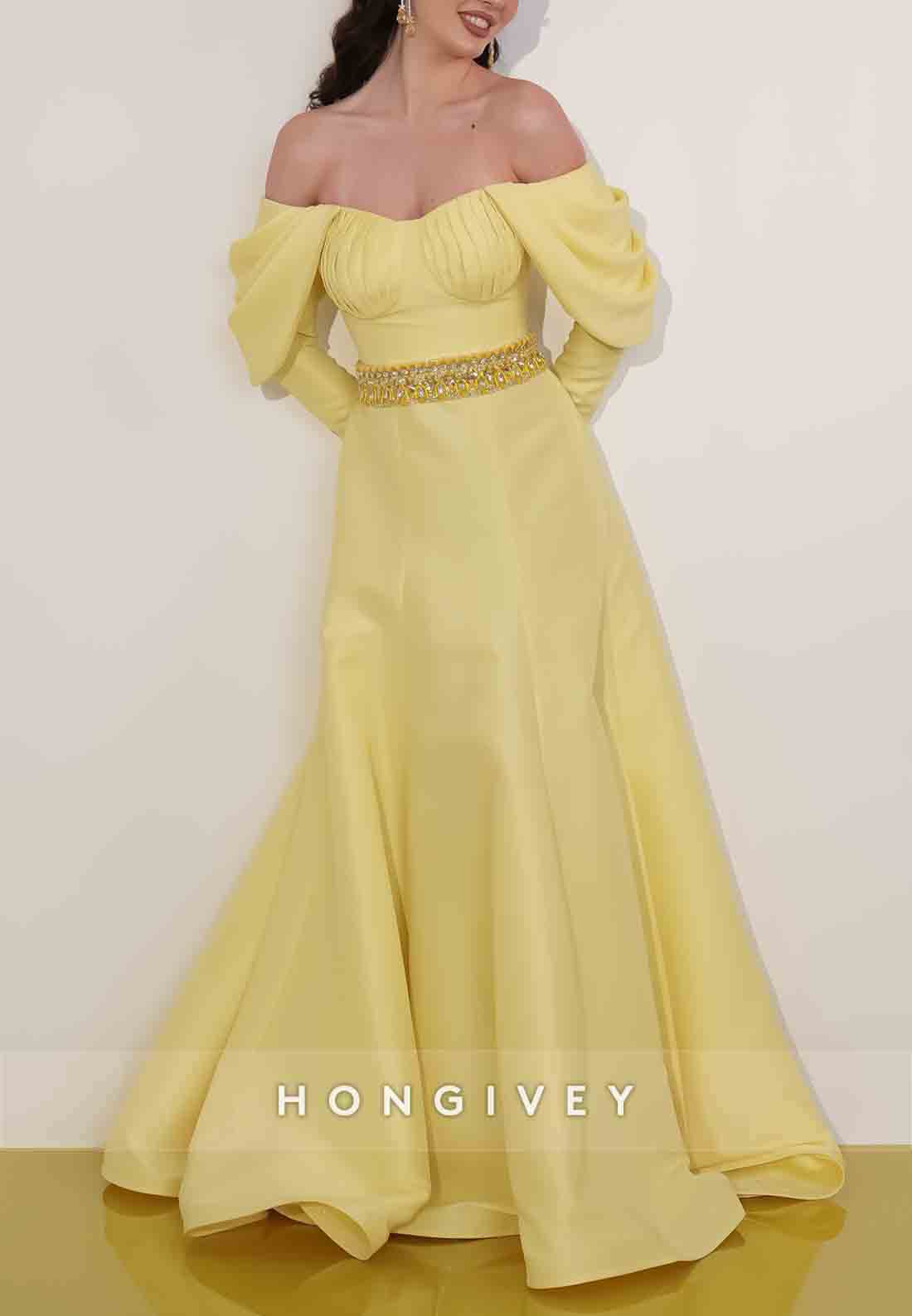 Off the Shoulder Shawl A-Line Pleated Floor-Length Long Sleeves Evening Gowns