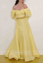 Off the Shoulder Shawl A-Line Pleated Floor-Length Long Sleeves Evening Gowns