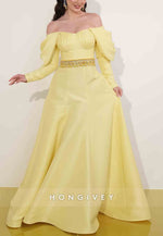 Off the Shoulder Shawl A-Line Pleated Floor-Length Long Sleeves Evening Gowns