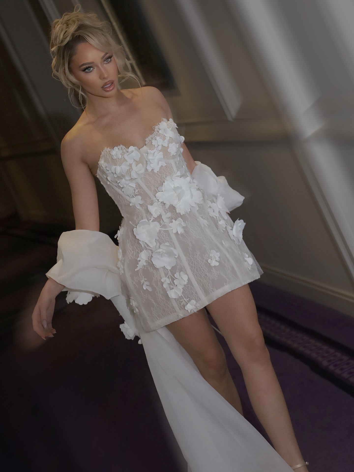 Sweetheart Bow Shawl Flowers Short Mini Wedding Dress