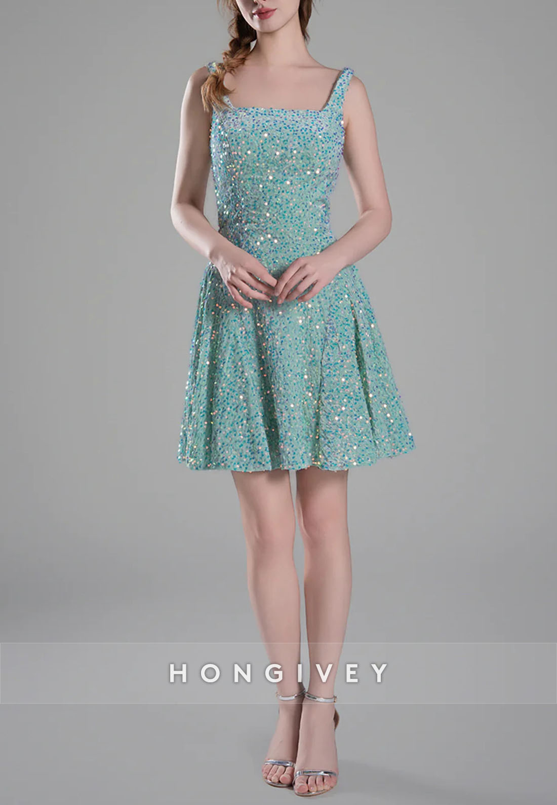 Square Neck Sequined A-Line Regular Straps Short Homecoming Dress