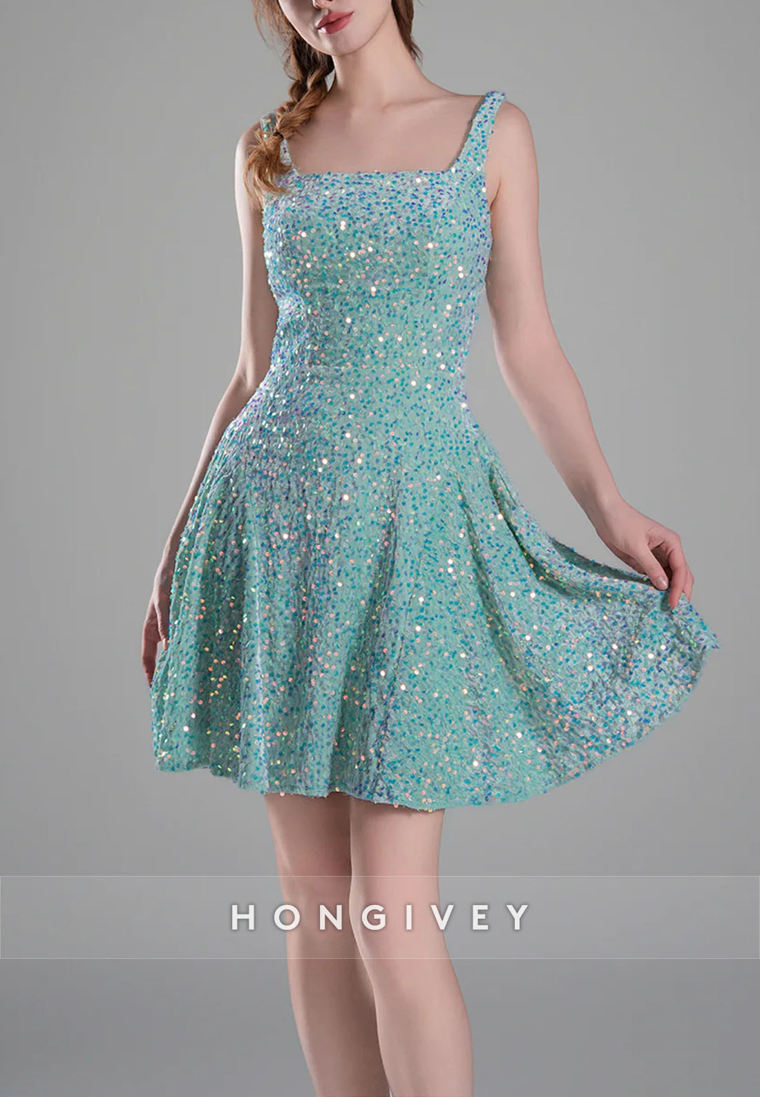 Square Neck Sequined A-Line Regular Straps Short Homecoming Dress