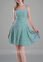 Square Neck Sequined A-Line Regular Straps Short Homecoming Dress