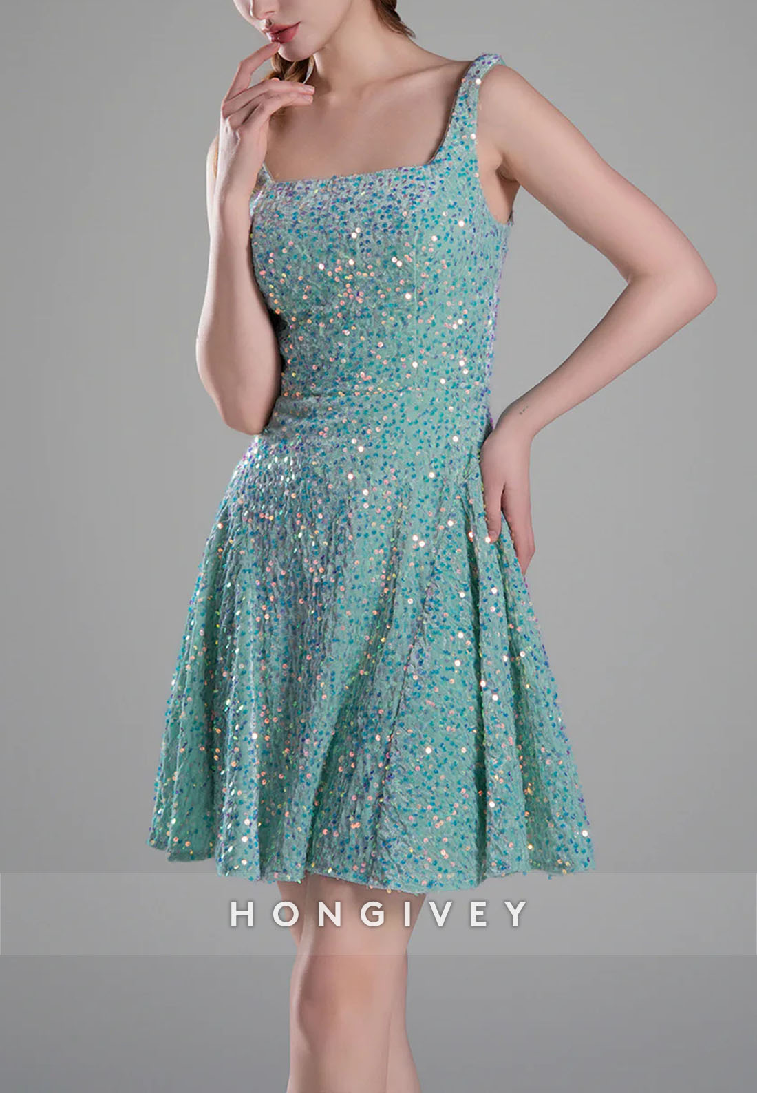 Square Neck Sequined A-Line Regular Straps Short Homecoming Dress