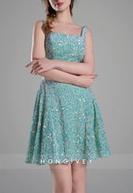 Square Neck Sequined A-Line Regular Straps Short Homecoming Dress