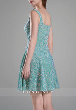 Square Neck Sequined A-Line Regular Straps Short Homecoming Dress