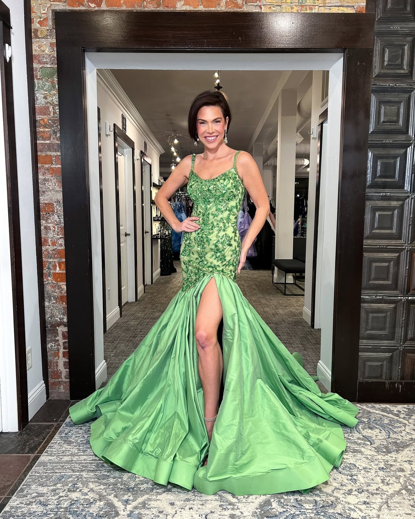 Green Spaghetti Straps Applique Mermaid Backless Side Slit Floor-Length Prom Dress